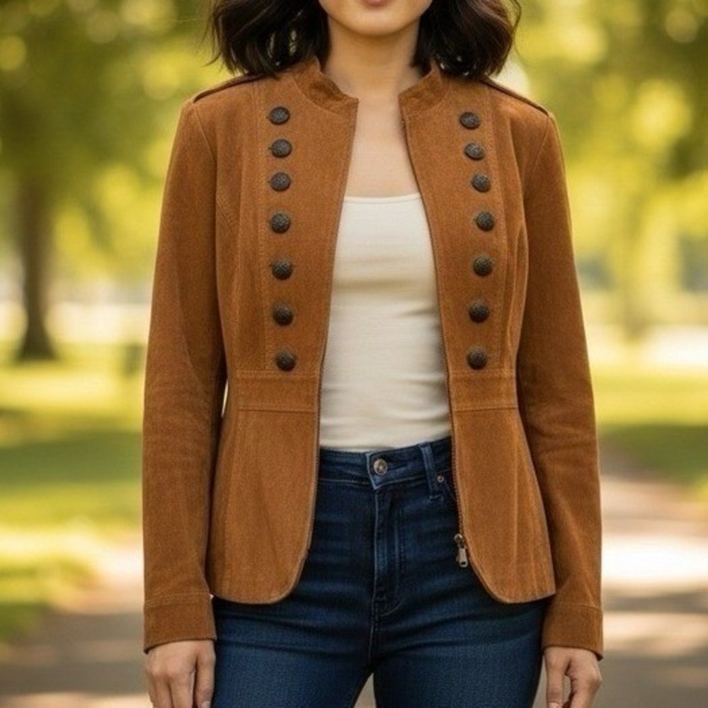 Prosper & Devine Jacket Women Large Brown Long Sleeve Military Suede Boho Button